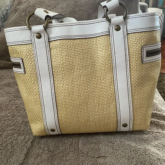 Coach Legacy White Leather Natural Tan Brown Woven Straw Rattan Raffia Handbag - Picture 10 of 16
